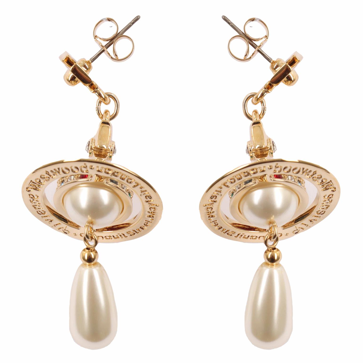 Vivienne Westwood Pearl Drop Earrings Gold Pearl Crystal Siam Montana Emera